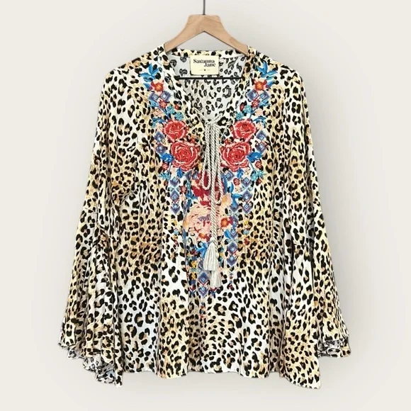 Savanna Jane Floral Embroidered Leopard Print Bell Sleeve Blouse Size Medium - Picture 6 of 15